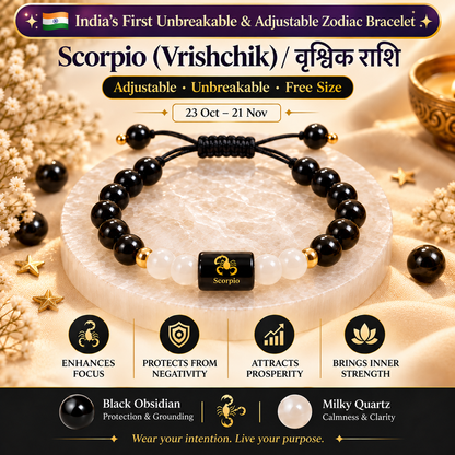 Scorpio Zodiac Bracelet | Unbreakable Adjustable | Black Obsidian + Milky Quartz | Free Size | Unisex