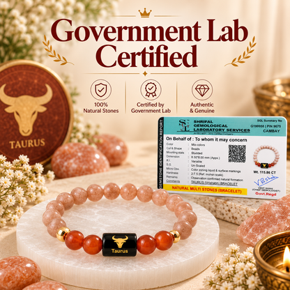Taurus Zodiac Bracelet — Sunstone & Carnelian (Vrishabh Rashi)