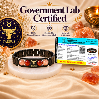 Taurus (वृषभ राशि) Zodiac Metal Bracelet — Sunstone & Carnelian + Free Raw Selenite
