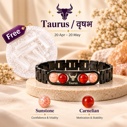 Taurus (वृषभ राशि) Zodiac Metal Bracelet — Sunstone & Carnelian + Free Raw Selenite