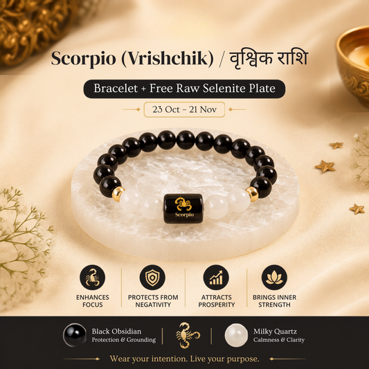 Scorpio Zodiac Bracelet – Black Obsidian & Milky Quartz (Vrishchik Rashi)