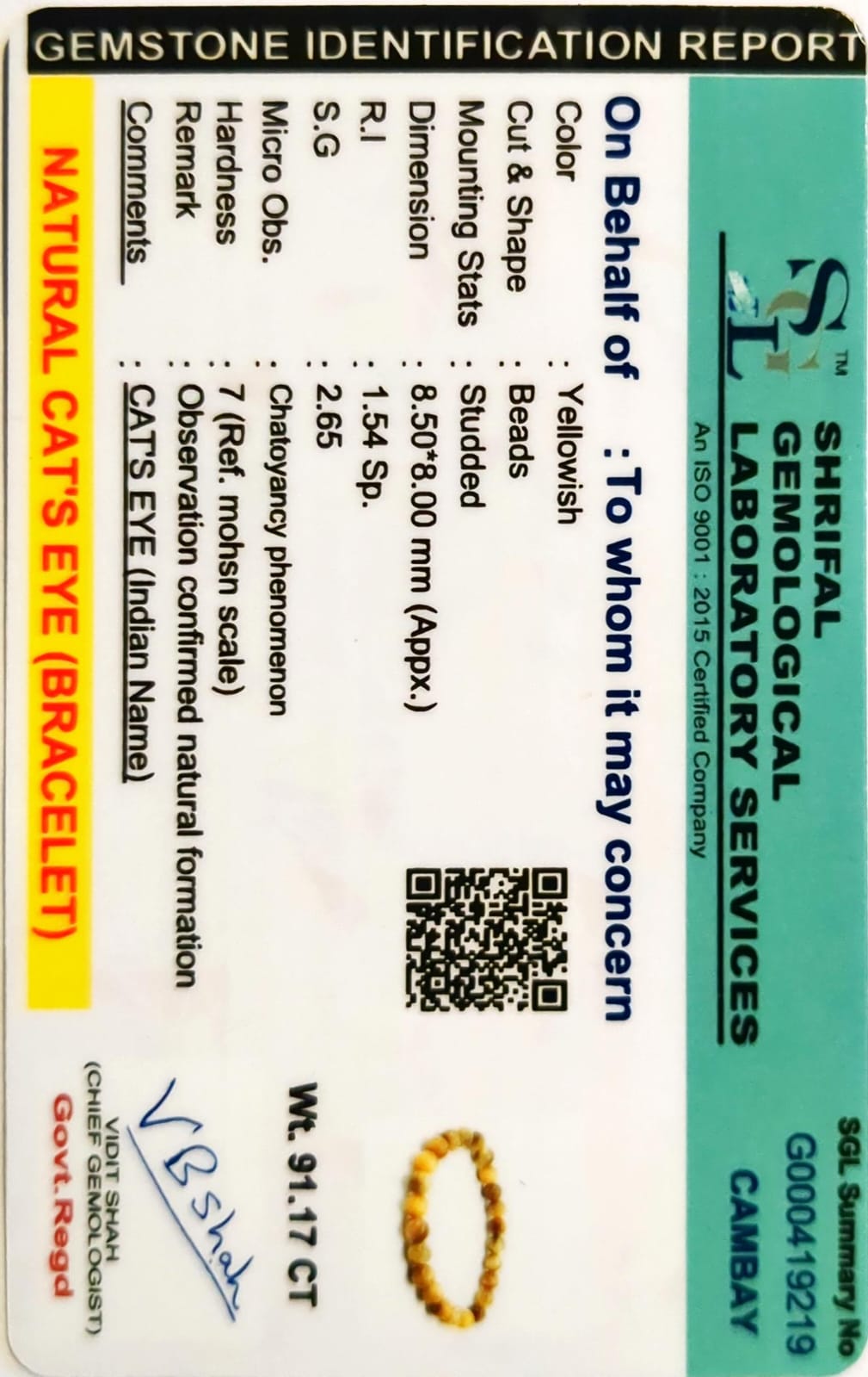 Certified Cat’s Eye Bracelet for Protection, Intuition & Good Fortune | Shields from Evil Eye | With Certificate