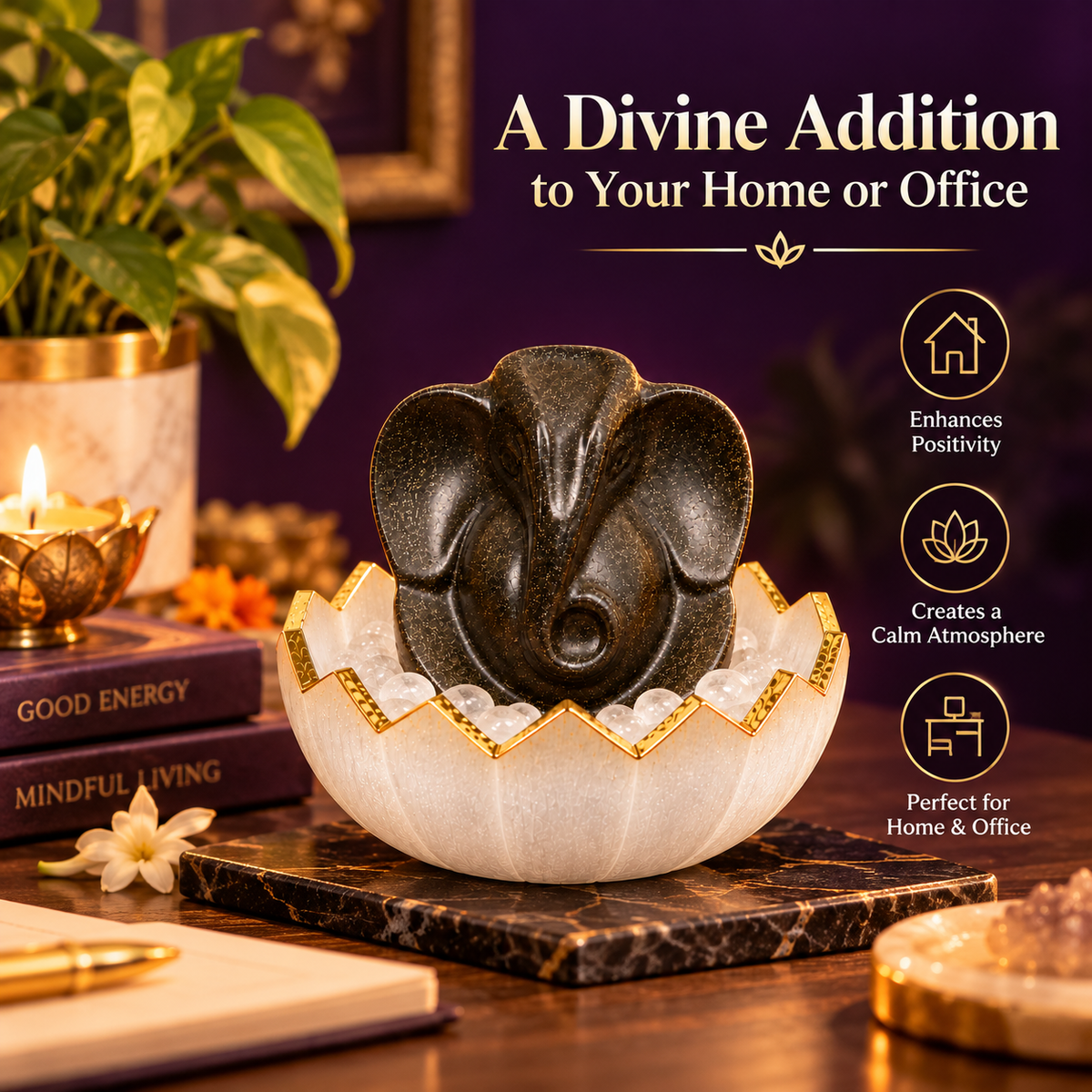 Pyrite Ganesh Ji with Selenite Bowl | Vastu Gift for Home & Office