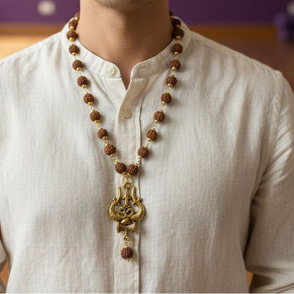 Rudraksha Trishul Om Pendant Mala for Protection, Strength & Spiritual Alignment