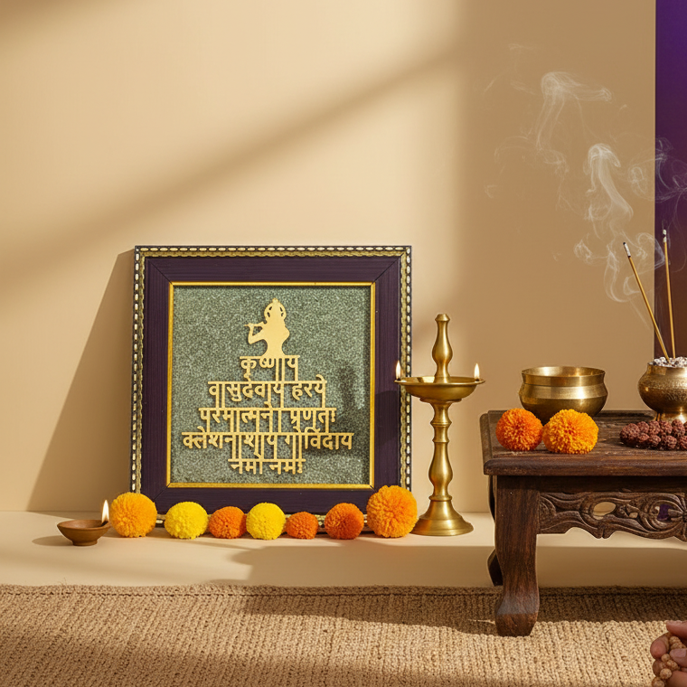 Krishna Mantra Frame on Raw Pyrite 6*6 Inch