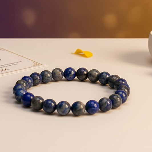 Blue beaded bracelet on a table with a blurred background