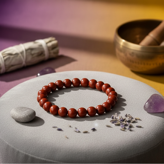 Red beaded bracelet on a gray surface with a smudge stick, crystal, and singing bowl in the background.