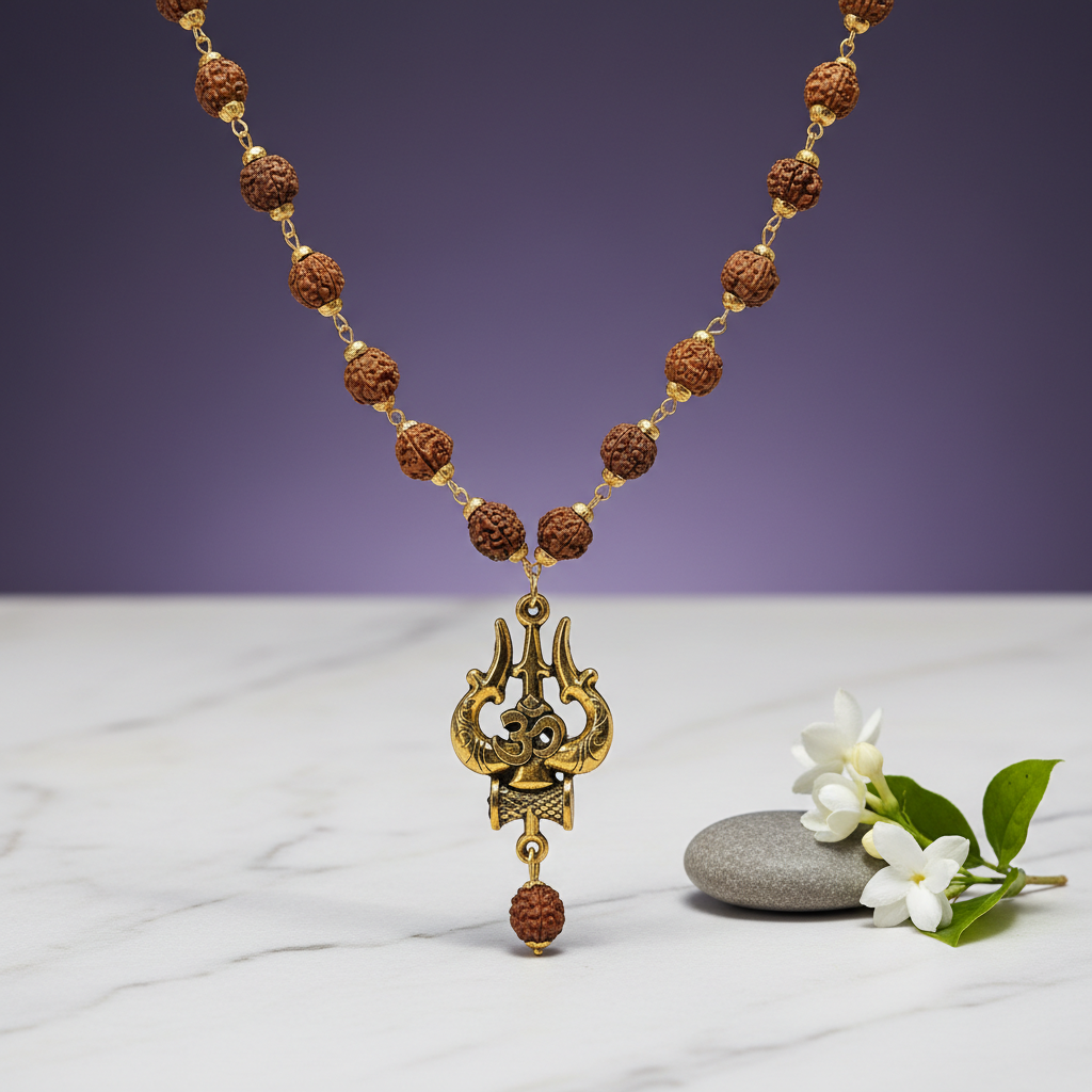 Rudraksha Trishul Om Pendant Mala for Protection, Strength & Spiritual Alignment