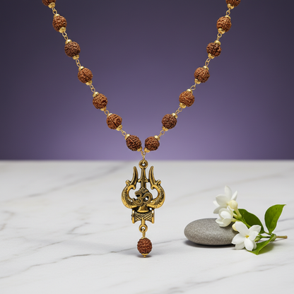 Rudraksha Trishul Om Pendant Mala for Protection, Strength & Spiritual Alignment