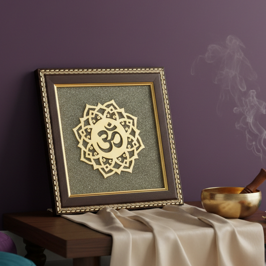Om Symbol Raw Pyrite Frame – Meditative Mandala for Peace & Positive Energy