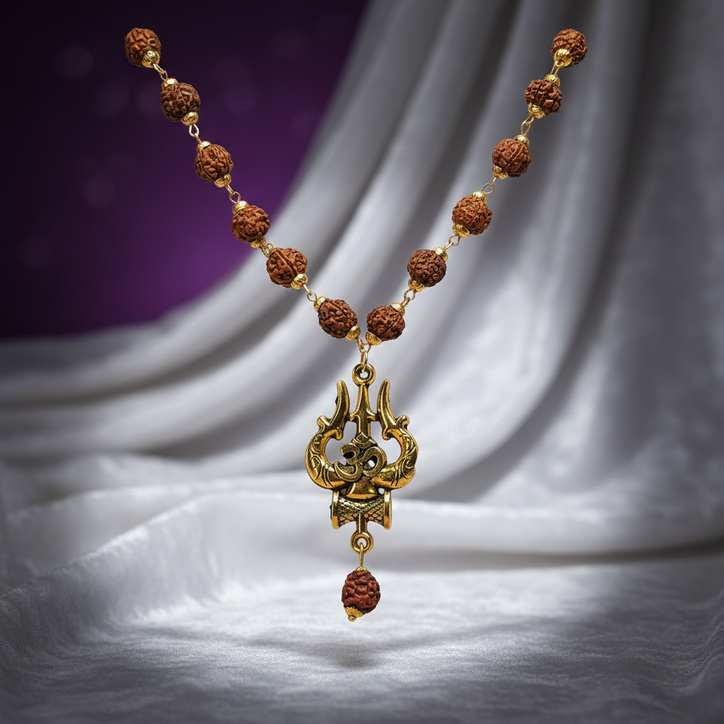 Rudraksha Trishul Om Pendant Mala for Protection, Strength & Spiritual Alignment