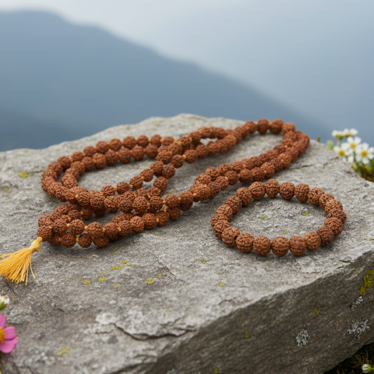 5 Mukhi Rudraksha Mala (8mm) with Rudraksha Bracelet | Peace, Protection & Spiritual Balance