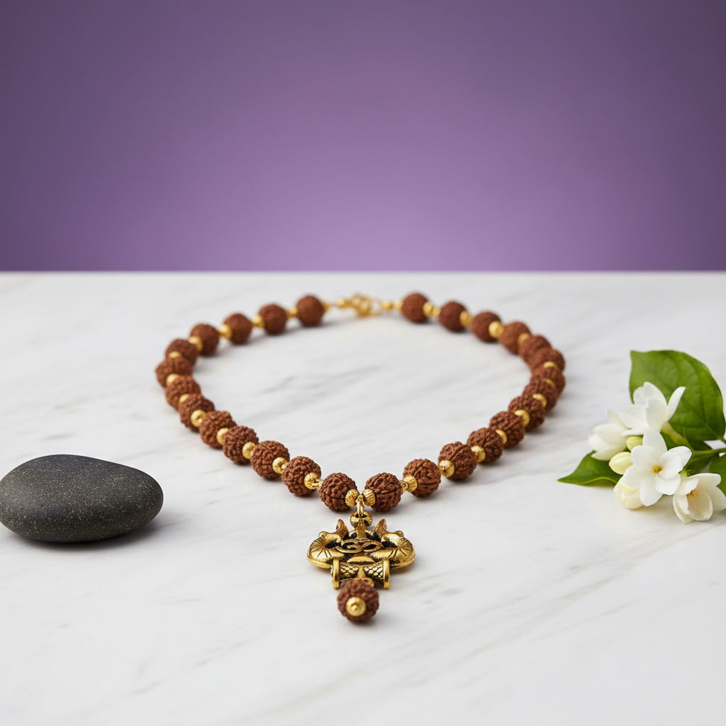 Rudraksha Trishul Om Pendant Mala for Protection, Strength & Spiritual Alignment