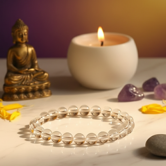 Crystal bracelet on a surface with a Buddha statue, candle, and stones in the background.