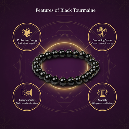 Black Tourmaline Crystal Bracelet for Grounding & Protection | Certified Gemstone | 8mm Beads