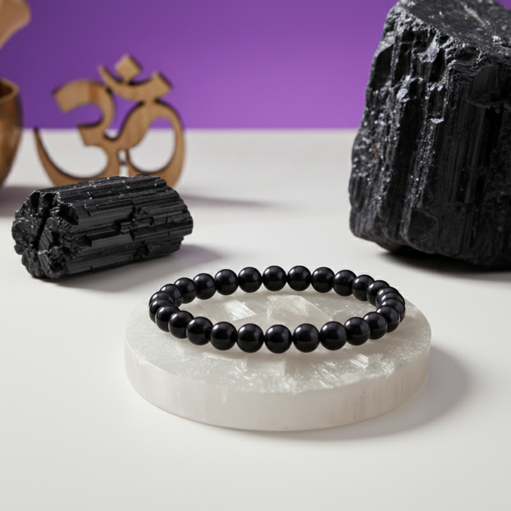 Black Tourmaline Bracelet + Free Raw Selenite Plate
