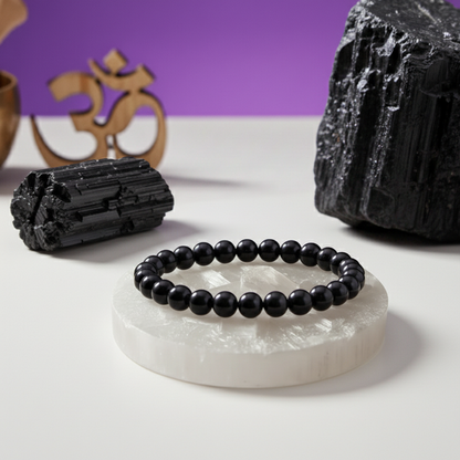 Black Tourmaline Bracelet + Free Raw Selenite Plate