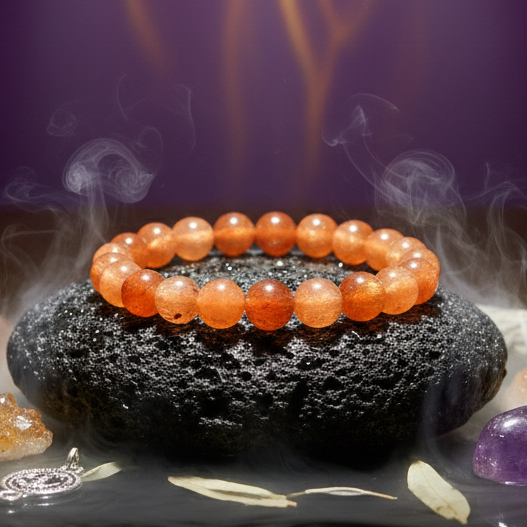 Orange beaded bracelet on a black stone with crystals and smoke effects