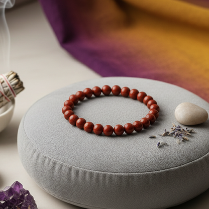 Meditation pillow with a bracelet, stones, and incense on a soft focus background