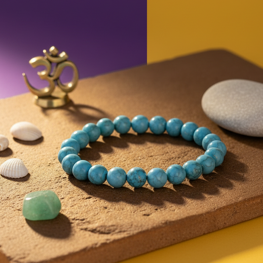 Turquoise beaded bracelet on a textured surface with stones and a small statue.
