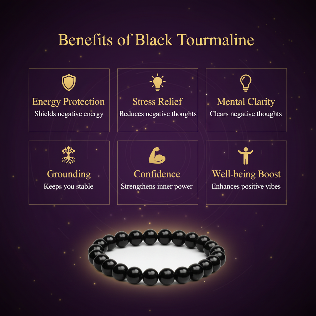 Black Tourmaline Crystal Bracelet for Grounding & Protection | Certified Gemstone | 8mm Beads