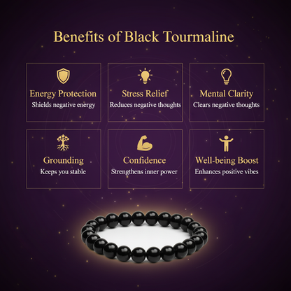 Black Tourmaline Crystal Bracelet for Grounding & Protection | Certified Gemstone | 8mm Beads