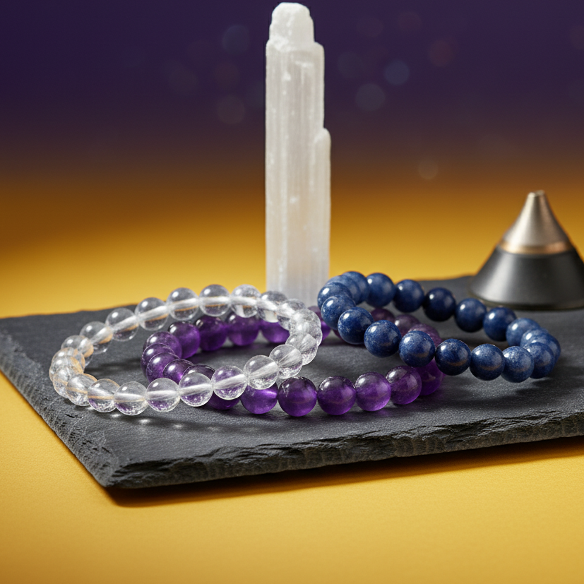 Spiritual Serenity Crystal Bracelet – Amethyst, Clear Quartz & Lapis Lazuli