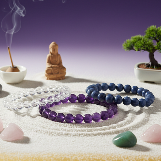 Spiritual Serenity Crystal Bracelet – Amethyst, Clear Quartz & Lapis Lazuli