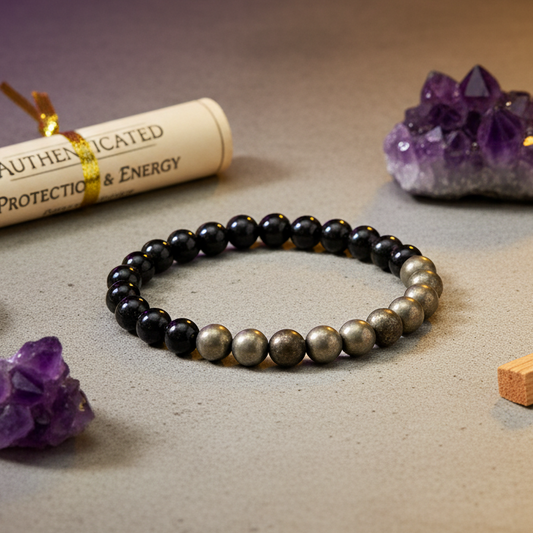 Wealth & Protection Crystal Bracelet – Pyrite & Black Tourmaline with Certificate